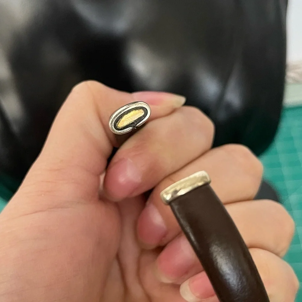 Leather brass wired silver tone cuff bracelet